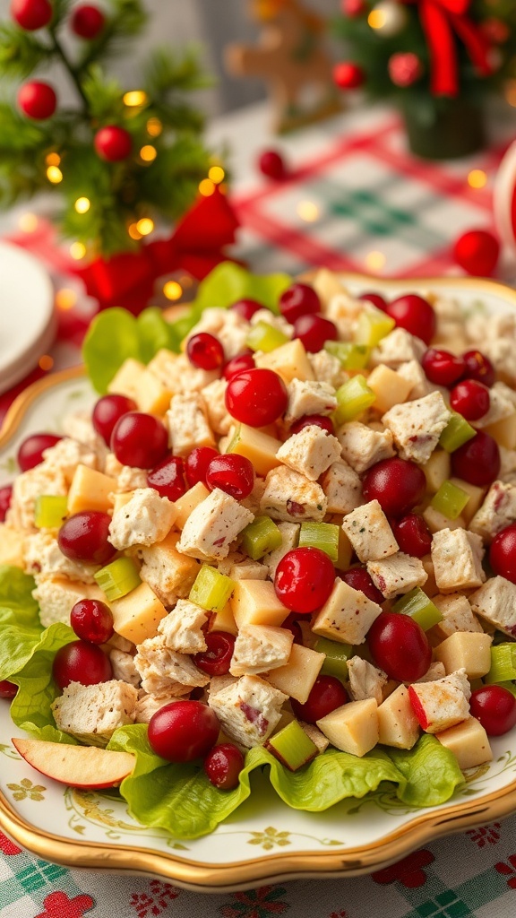 A 1950s Christmas salad with turkey, cranberry, celery, and apples on a vintage platter, garnished with cranberries.